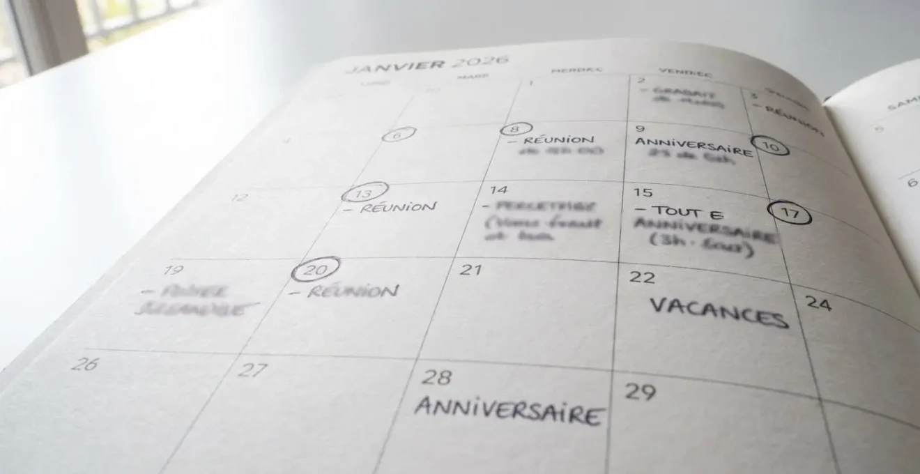 Calendrier mensuel avec plusieurs dates entourées et annotations manuscrites sous éclairage naturel
