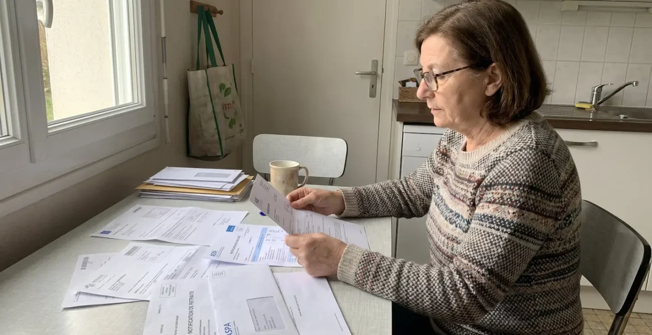 Une femme senior assise à une table de cuisine consulte des documents de retraite et des formulaires ASPA à la lumière naturelle